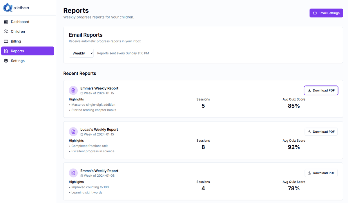 Weekly progress reports with highlights and downloadable PDFs