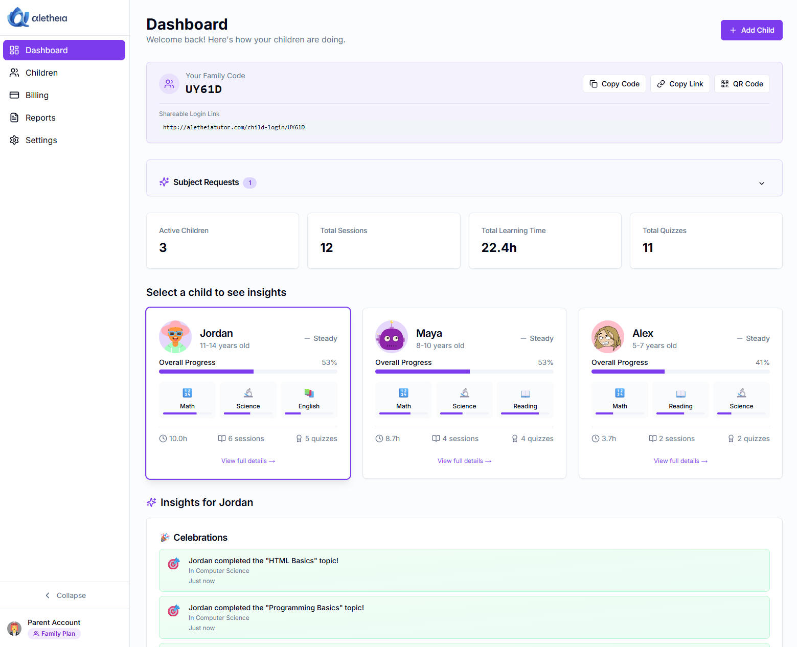 Parent dashboard showing children's progress cards, learning statistics, and insights